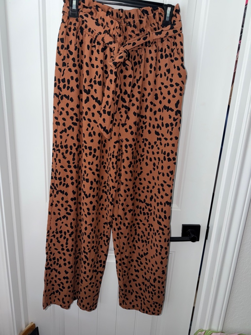 Wide Leg Paperbag Waist Pants in Rust with Black Spot Print